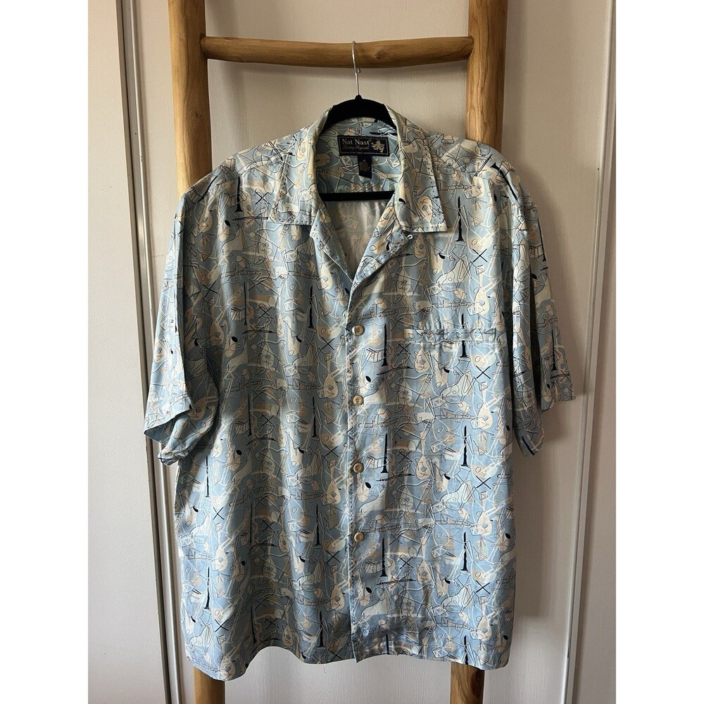 Nat Nast Luxury Originals Men’s XL Blue White %100 Silk Musical Print Button-Up